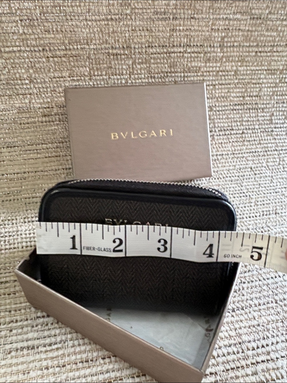 Authentic BVLGARI Herringbone Compact Zip Around Wallet Coin Purse Black Gray - Picture 10 of 11